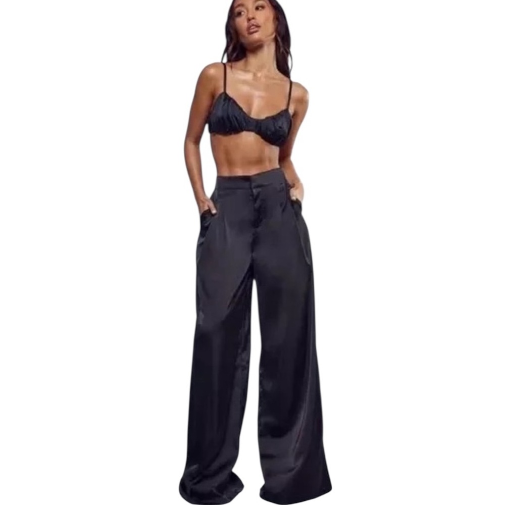 HOUSE OF HARLOW 1960 HIGH RISE WAIST BLACK SATIN Wide-Leg Front Pleat Pants XS